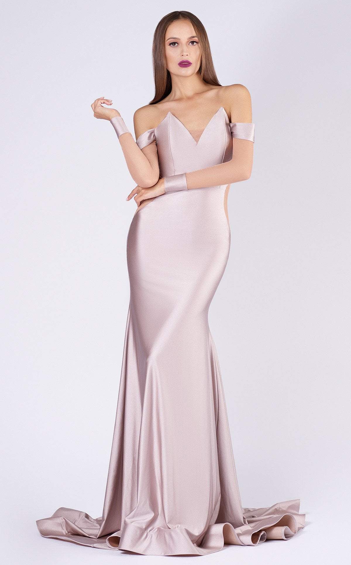 MNM COUTURE - L0044S V Neckline Illusion Long Sleeves Evening Gown Evening Dresses XS / Blush