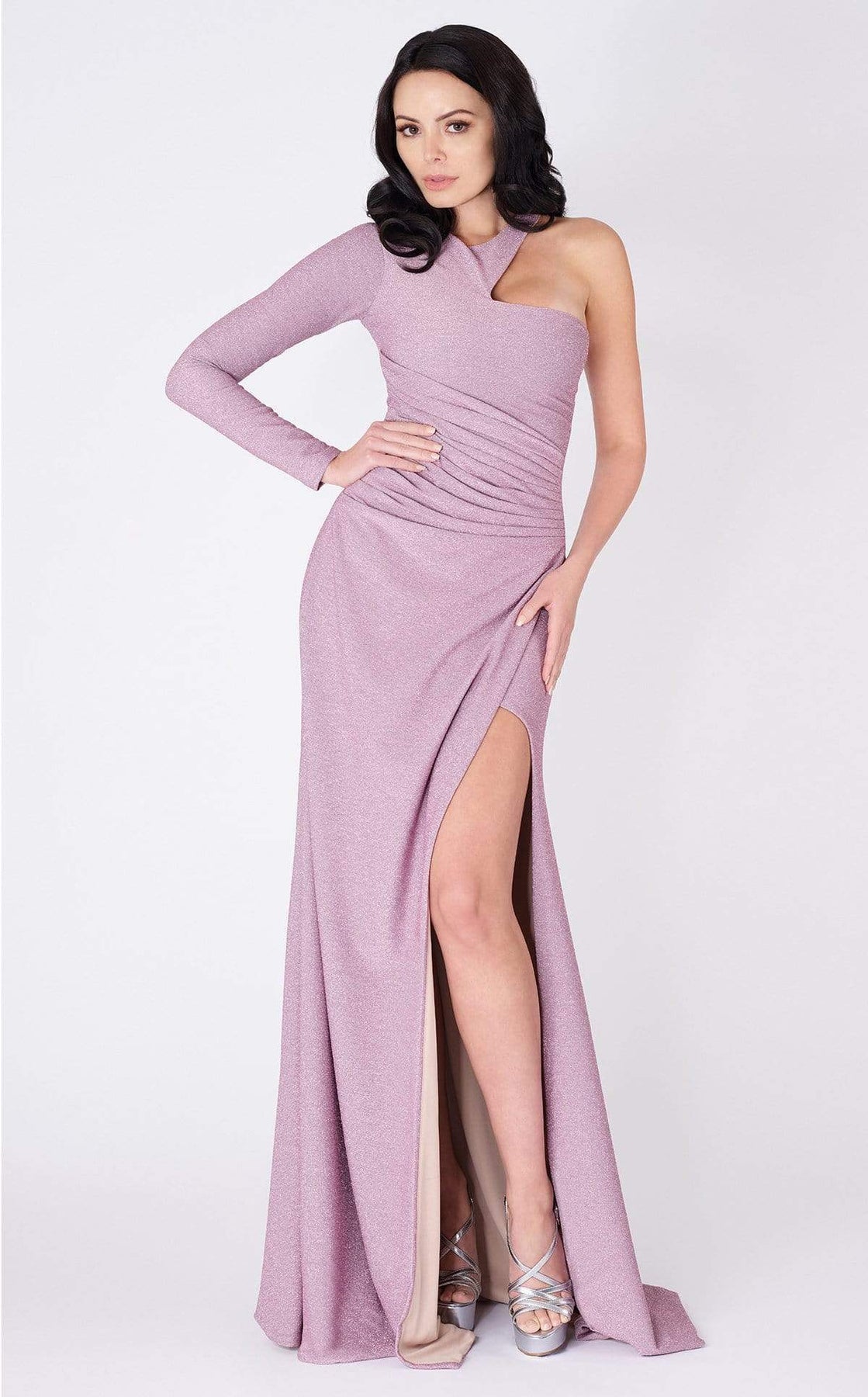 MNM COUTURE - L0049B One Shoulder Long Sleeve Trumpet Dress Evening Dresses XS / Pink