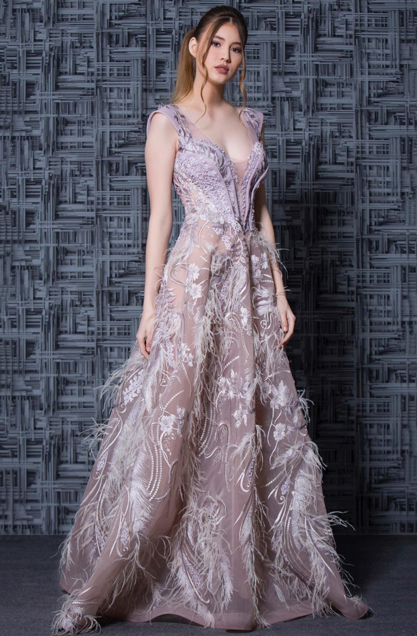 MNM Couture - K3615 Embellished Deep V-neck A-line Dress In Purple
