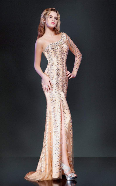 MNM Couture - Long Sleeve Asymmetrical Sequined High Slit Gown 8273 -2 pcs Gold in Size 6 Available CCSALE