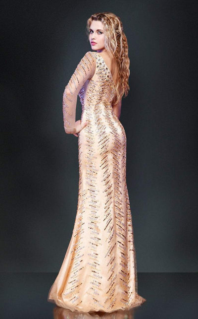 MNM Couture - Long Sleeve Asymmetrical Sequined High Slit Gown 8273 -2 pcs Gold in Size 6 Available CCSALE