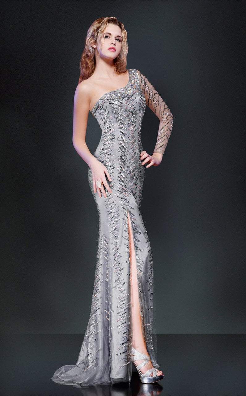 MNM Couture - Long Sleeve Asymmetrical Sequined High Slit Gown 8273 -2 pcs Gold in Size 6 Available CCSALE 8 / Silver