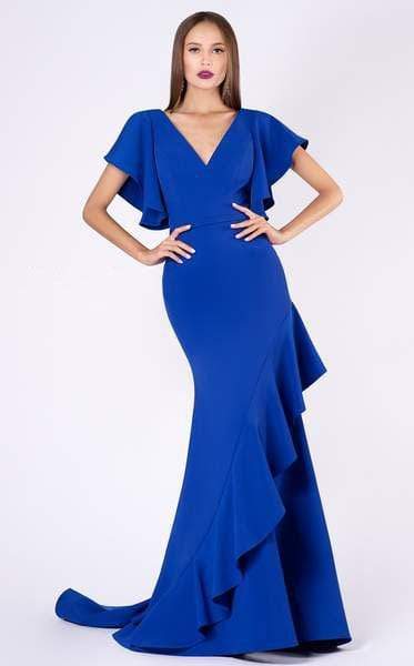 MNM COUTURE - M0036 Ruffled V-neck Trumpet Dress With Train Special Occasion Dress 0 / Royal Blue