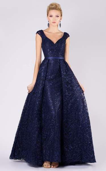 MNM COUTURE - M0038 Sequined Lace V-neck Gown Special Occasion Dress 0 / Dark Blue