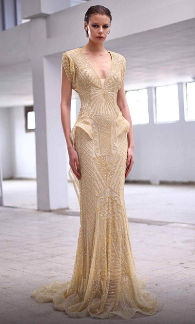 MNM COUTURE M1004 - Sheath Full Length Embellished Gown Evening Dresses 0 / Gold