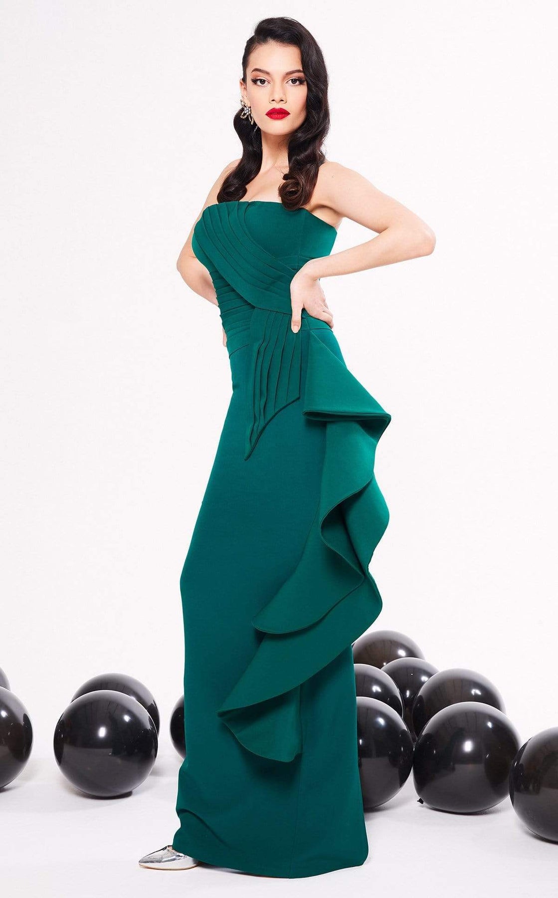 MNM COUTURE - N0317 Strapless Pleat-Ornate Side Cascade Long Gown In Green