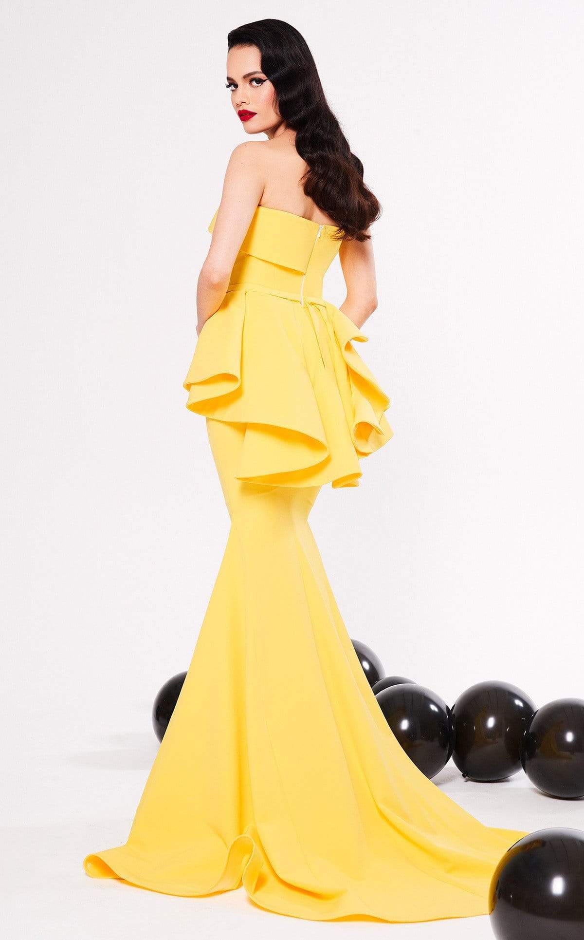 MNM COUTURE - N0325 Strapless Off Shoulder Ruffled Peplum Mermaid Gown In Yellow