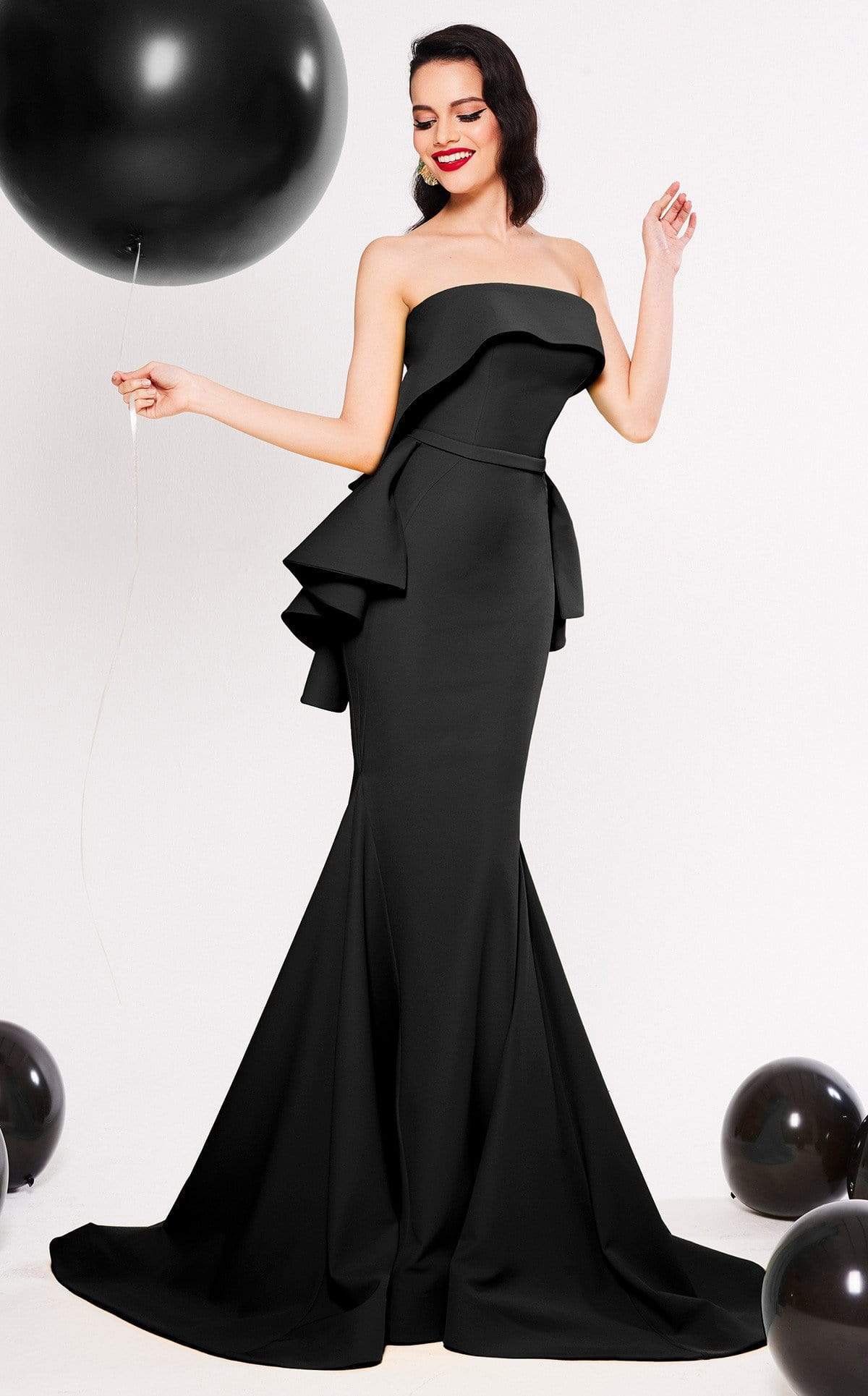 MNM COUTURE - N0325 Strapless Off Shoulder Ruffled Peplum Mermaid Gown Prom Dresses 4 / Black
