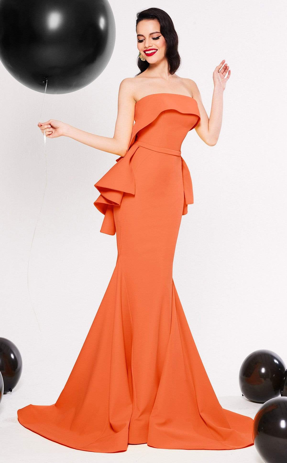 MNM COUTURE - N0325 Strapless Off Shoulder Ruffled Peplum Mermaid Gown Prom Dresses 4 / Coral