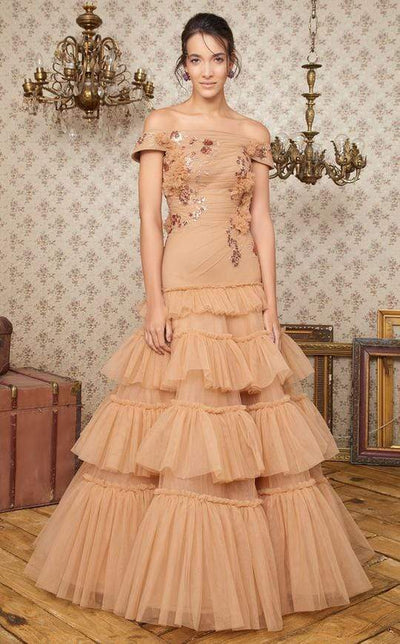 MNM COUTURE - N0338 Embroidered Off-Shoulder Tiered Ruffle Dress Prom Dresses 4 / Beige