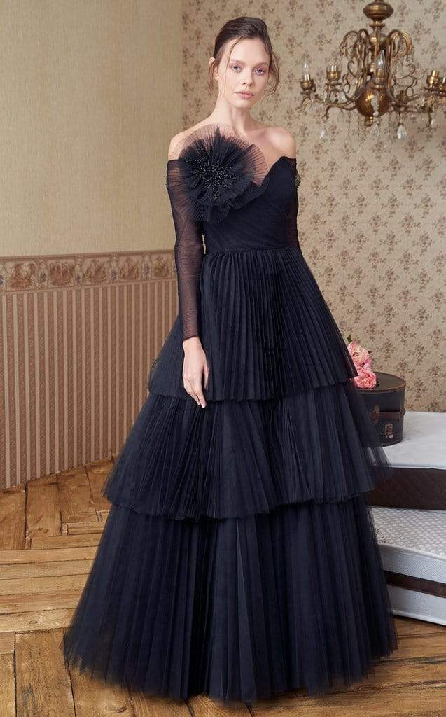 MNM COUTURE - N0342 Floral Accent Long Sleeve Off-Shoulder Ballgown Ball Gowns 4 / Black