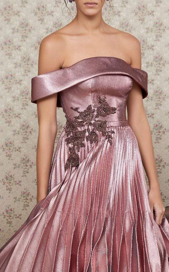MNM COUTURE - N0351 Metallic Off-Shoulder Pleated A-Line Gown Prom Dresses