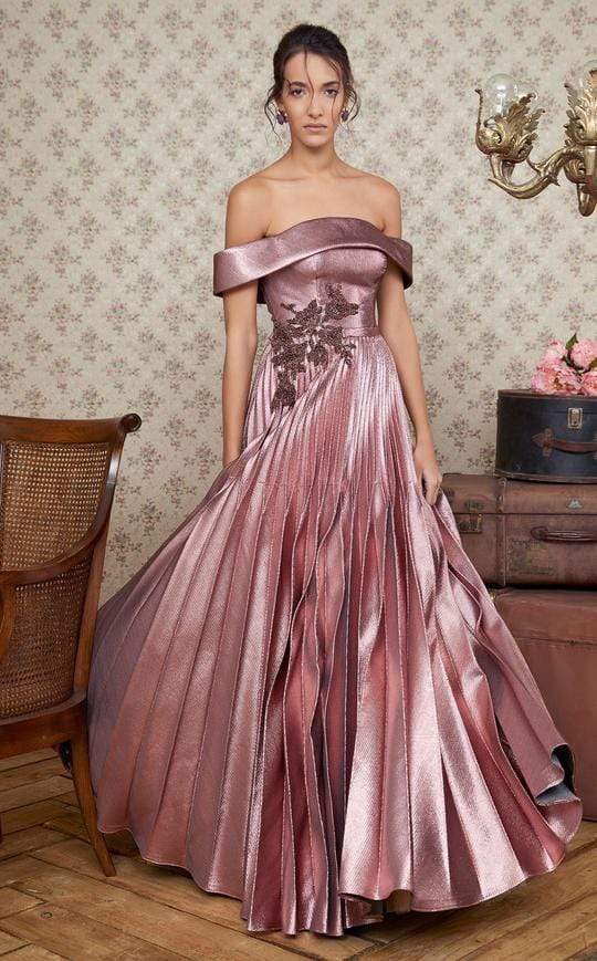 MNM COUTURE - N0351 Metallic Off-Shoulder Pleated A-Line Gown Prom Dresses 4 / Pink