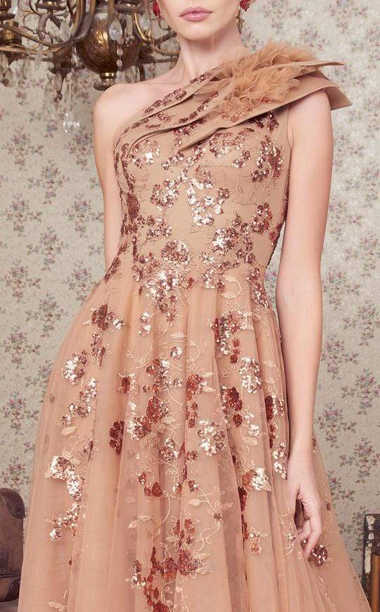 MNM COUTURE - N0359 Tiered Asymmetrical Beaded Tulle Gown In Gold and Neutral