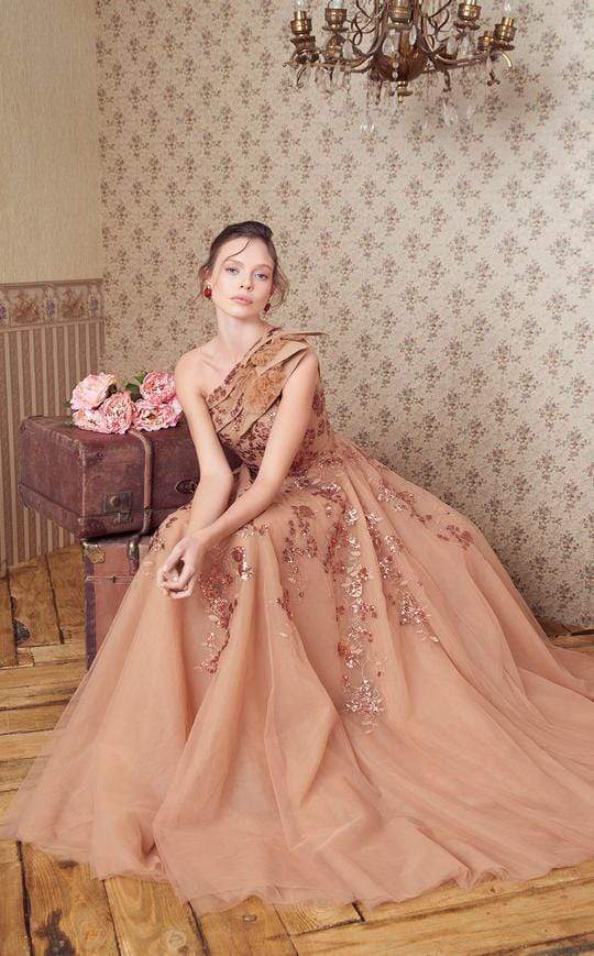 MNM COUTURE - N0359 Tiered Asymmetrical Beaded Tulle Gown In Gold and Neutral