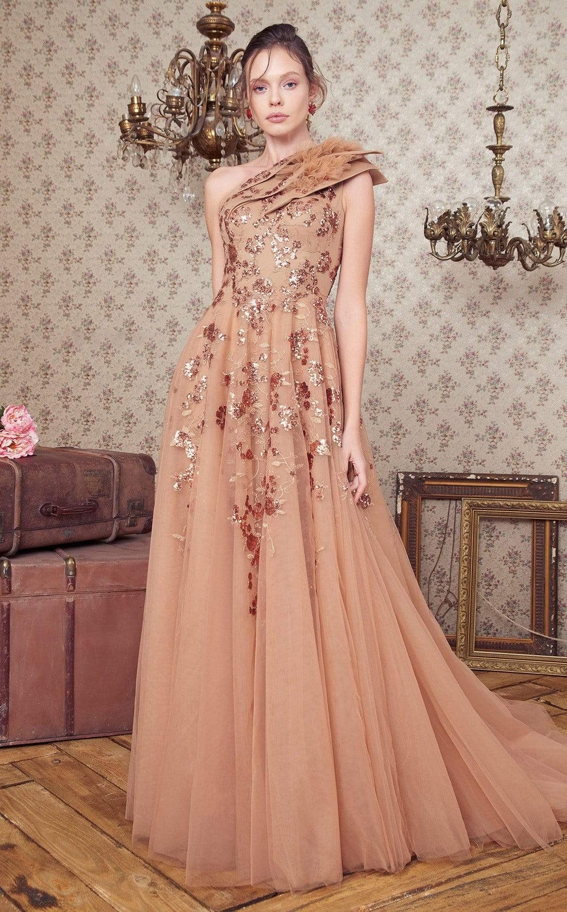 MNM COUTURE - N0359 Tiered Asymmetrical Beaded Tulle Gown In Gold and Neutral