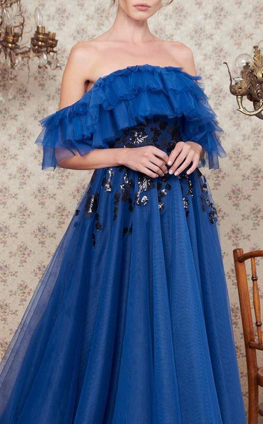 MNM COUTURE - N0360 Tiered Off Shoulder Appliqued Tulle Gown Formal Gowns