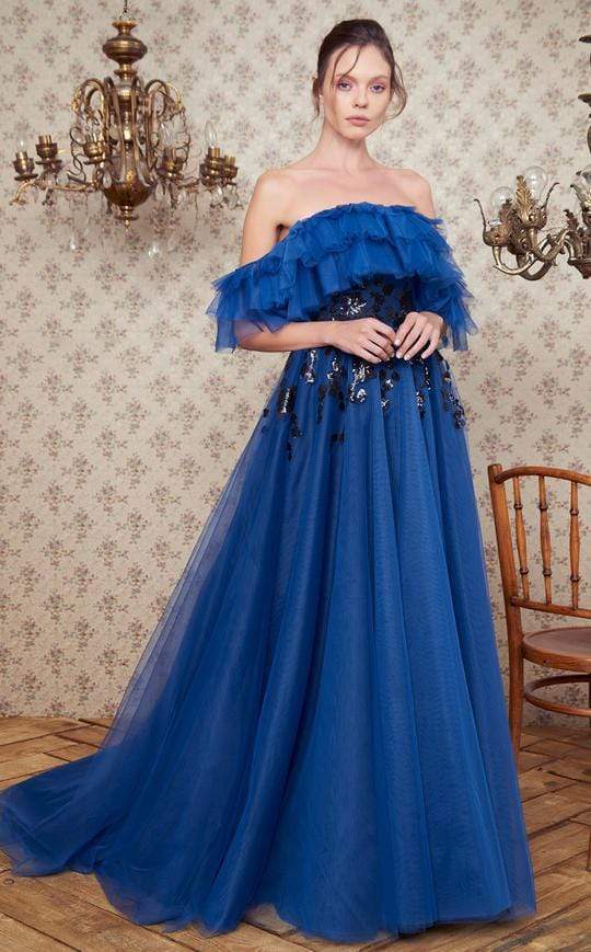 MNM COUTURE - N0360 Tiered Off Shoulder Appliqued Tulle Gown Formal Gowns
