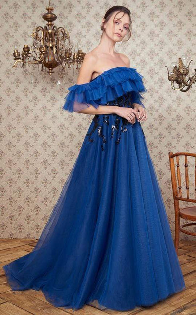 MNM COUTURE - N0360 Tiered Off Shoulder Appliqued Tulle Gown Formal Gowns