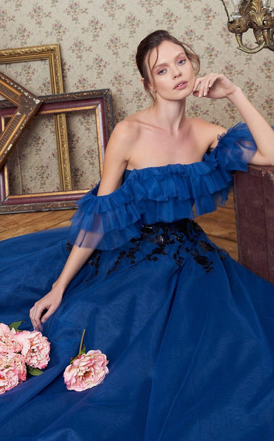 MNM COUTURE - N0360 Tiered Off Shoulder Appliqued Tulle Gown Formal Gowns