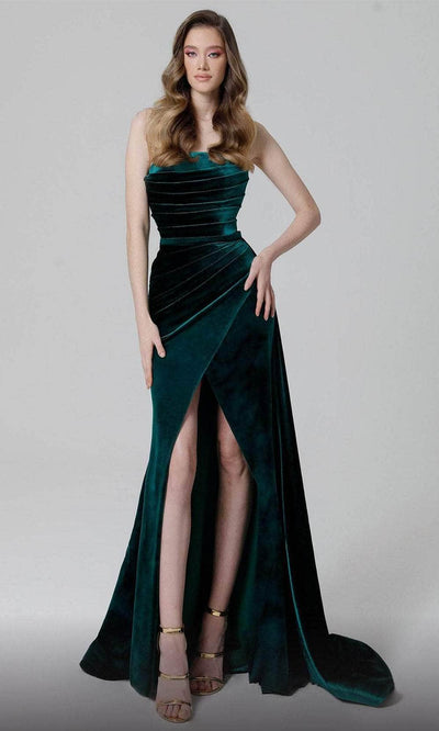 MNM COUTURE N0449 - Draped Velvet Evening Dress Pageant Dresses 4 / Green