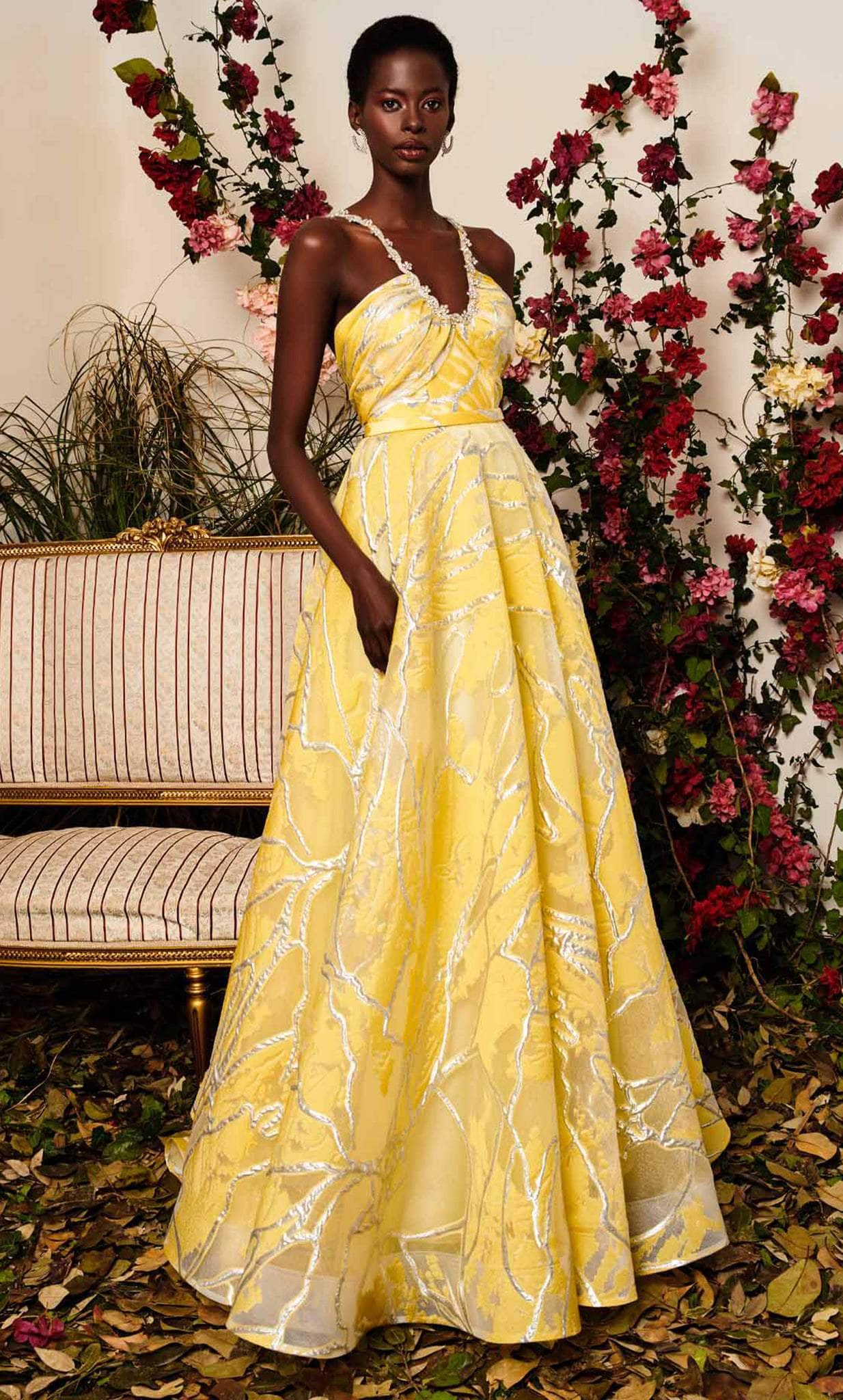 MNM COUTURE N0496 - Beaded Lace A-Line Evening Gown Special Occasion Dress 4 / Yellow