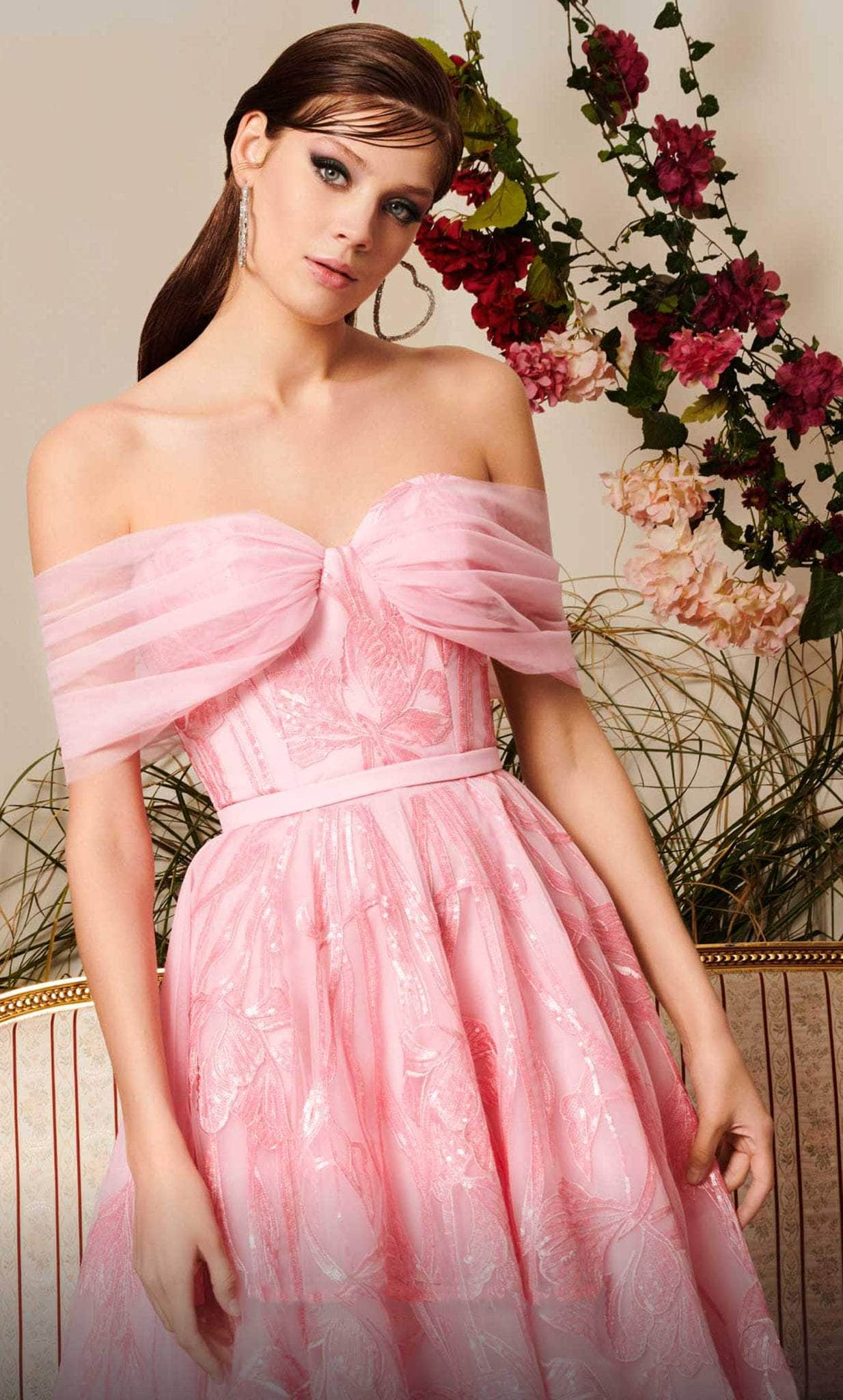 MNM COUTURE N0498 - Off Shoulder Tea Length Dress Sweet 16 Dresses