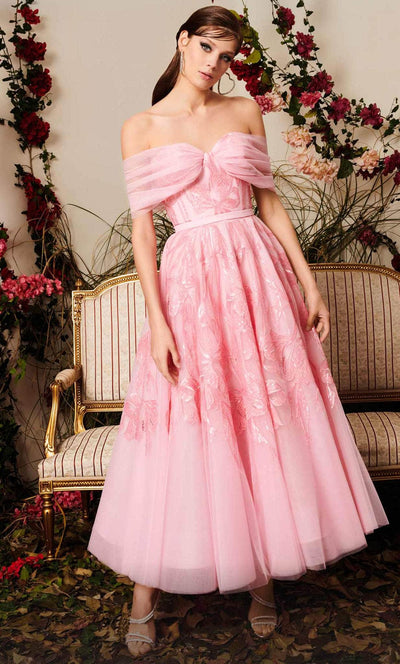 MNM COUTURE N0498 - Off Shoulder Tea Length Dress Sweet 16 Dresses 4 / Pink