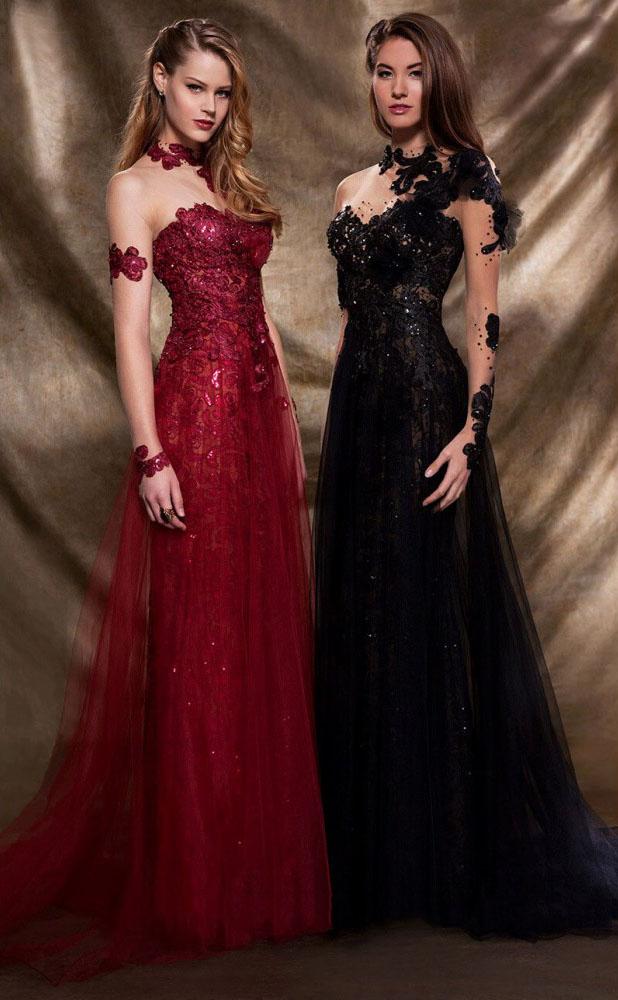 MNM Couture - 2123 Illusion Floral Fitted Long Gown in Red and Black