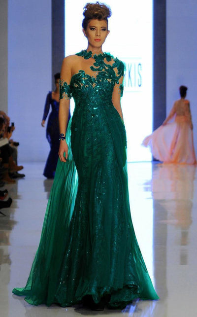 MNM Couture - 2123 Illusion Floral Fitted Long Gown in Green