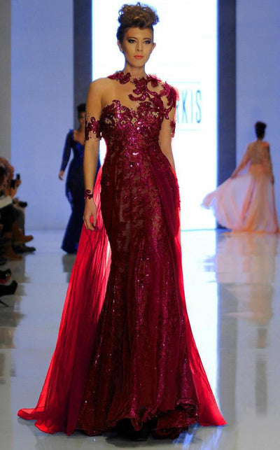 MNM Couture - 2123 Illusion Floral Fitted Long Gown in Red