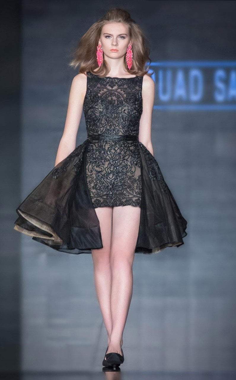 MNM Couture - 2210 Beaded Sheath Short Dress with A Line Overskirt in Black