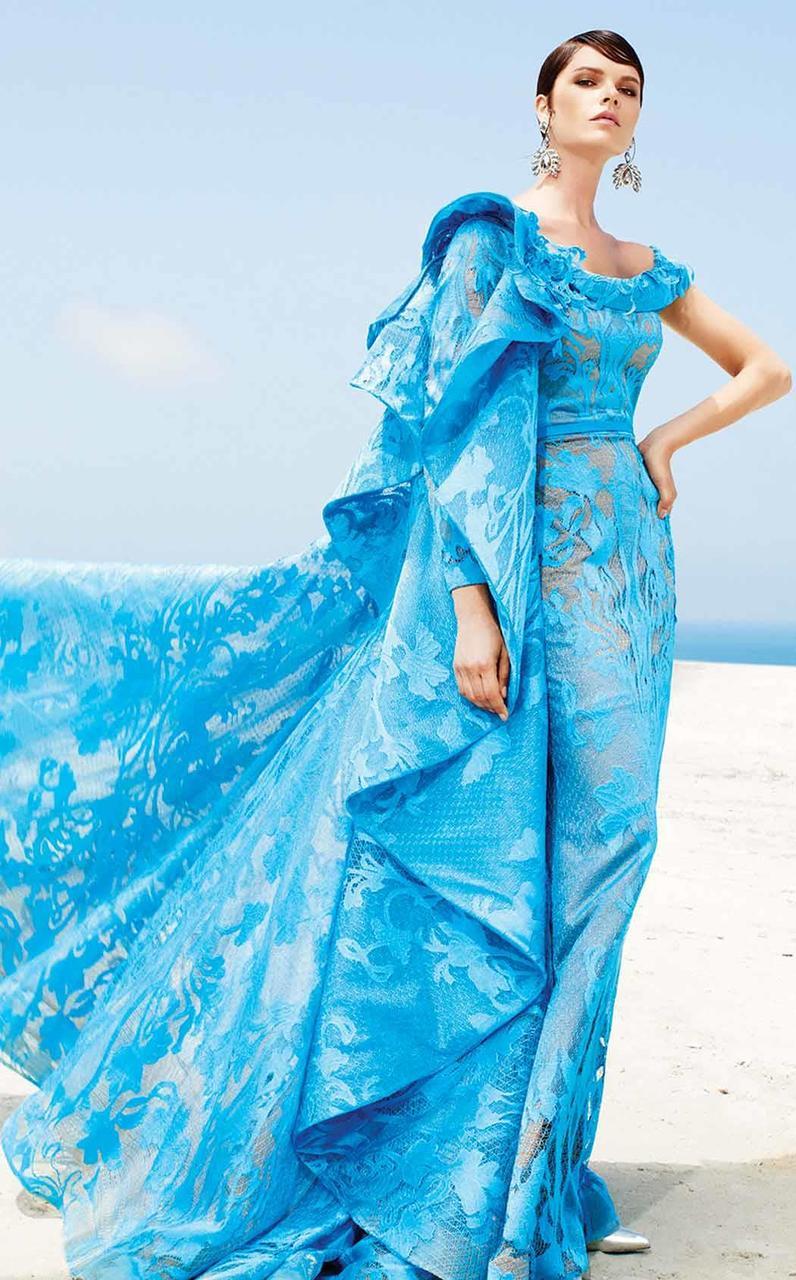 MNM Couture - 2341 Laced Bateau Neck Sheath Dress in Blue