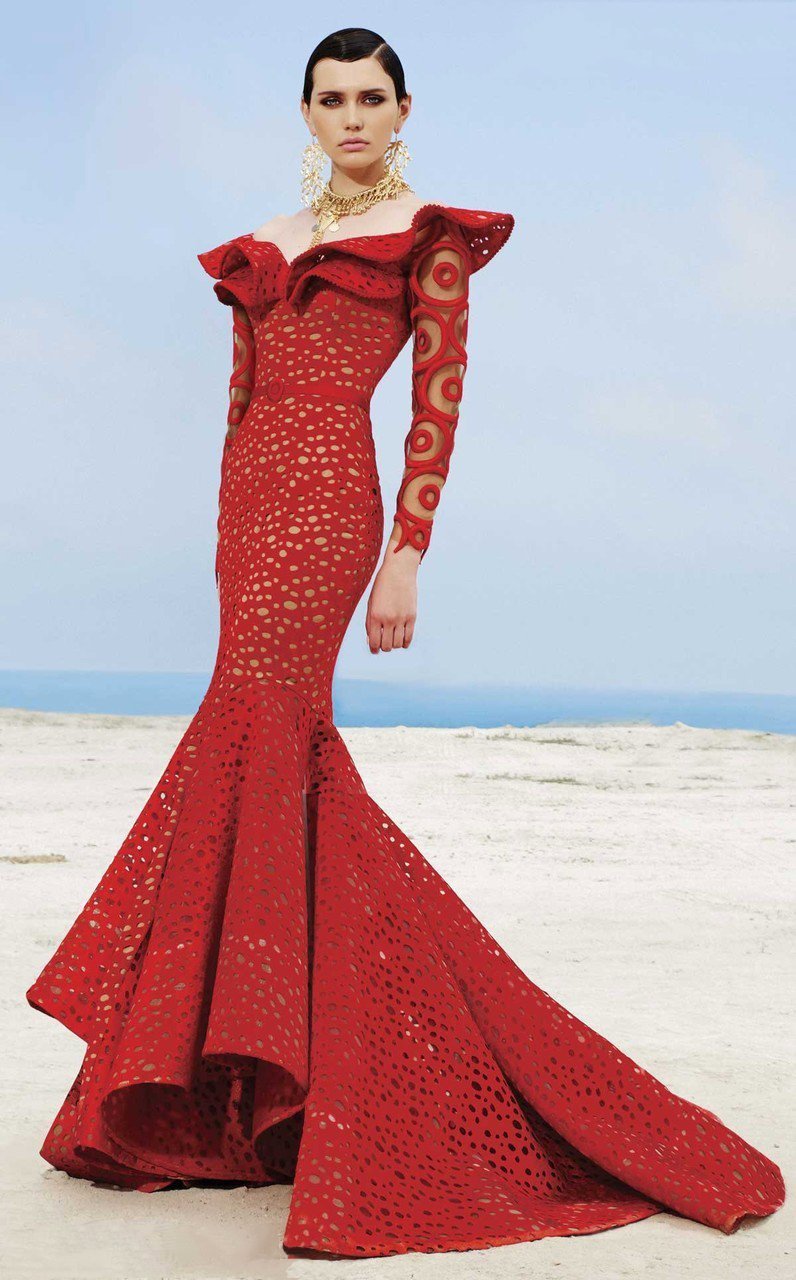 MNM Couture - 2345 Ruffle Off-Shoulder Laser Cut Mermaid Gown in Red