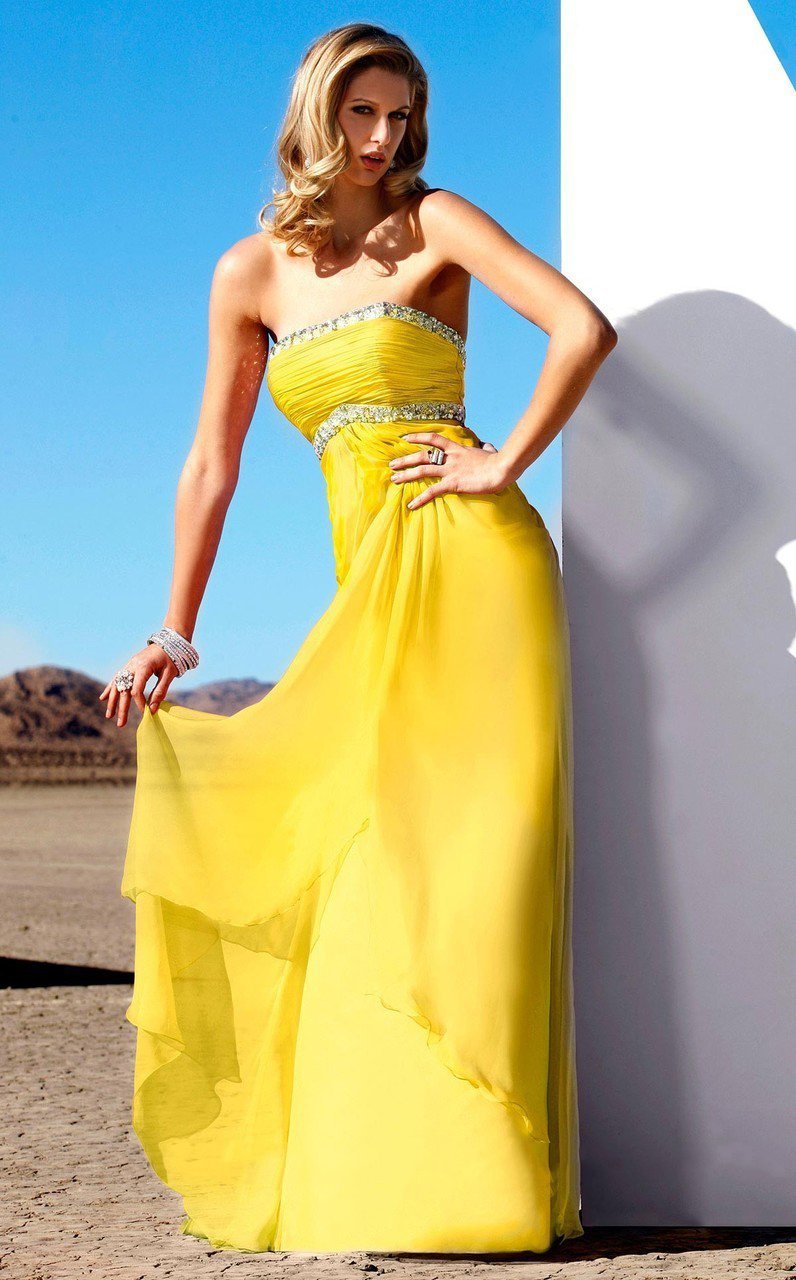 MNM Couture - 7310 Bejeweled Straight Sheath Dress in Yellow