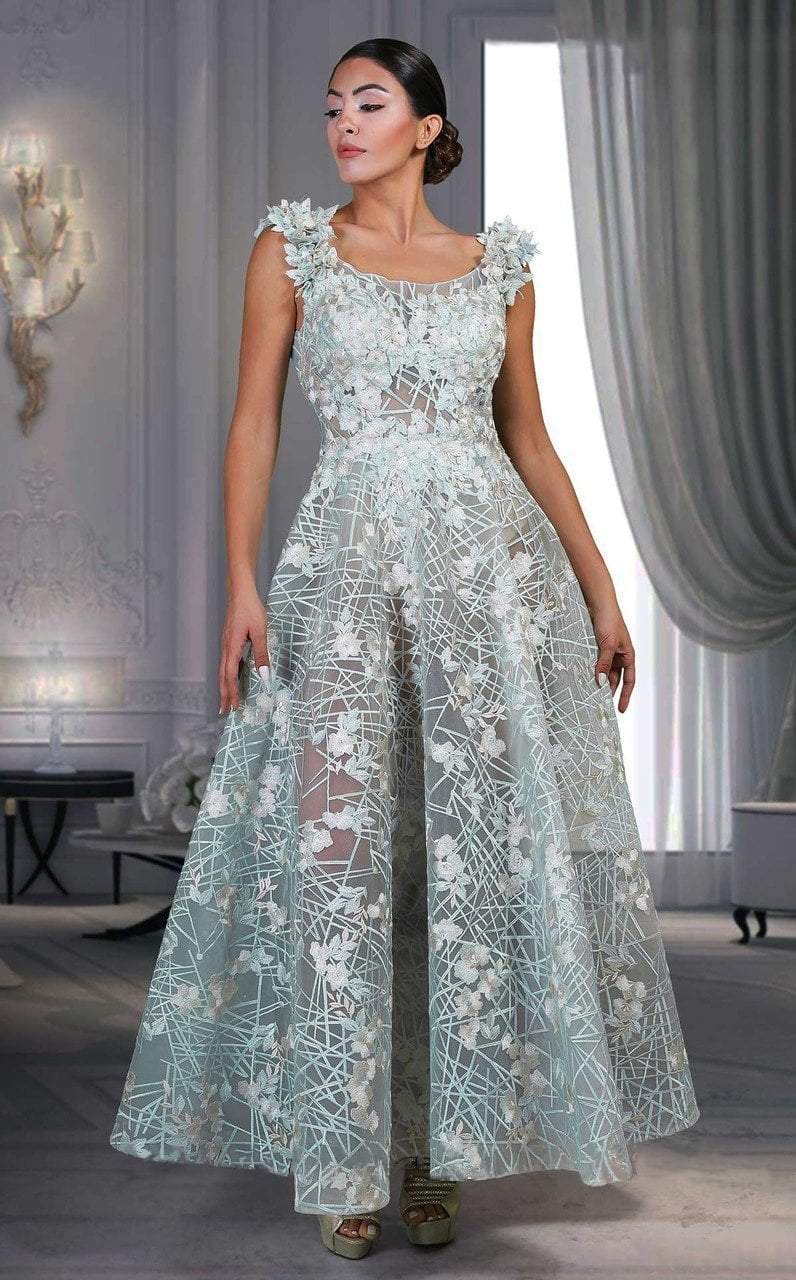 MNM Couture - K3540 Sleeveless Floral Scoop Pleated Long Gown in Blue