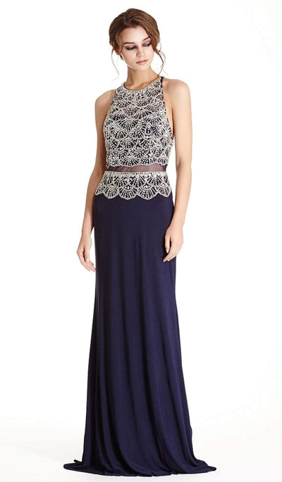 Mock Two Piece Jeweled Fitted Prom Dress Prom Dresses XXS / Navy