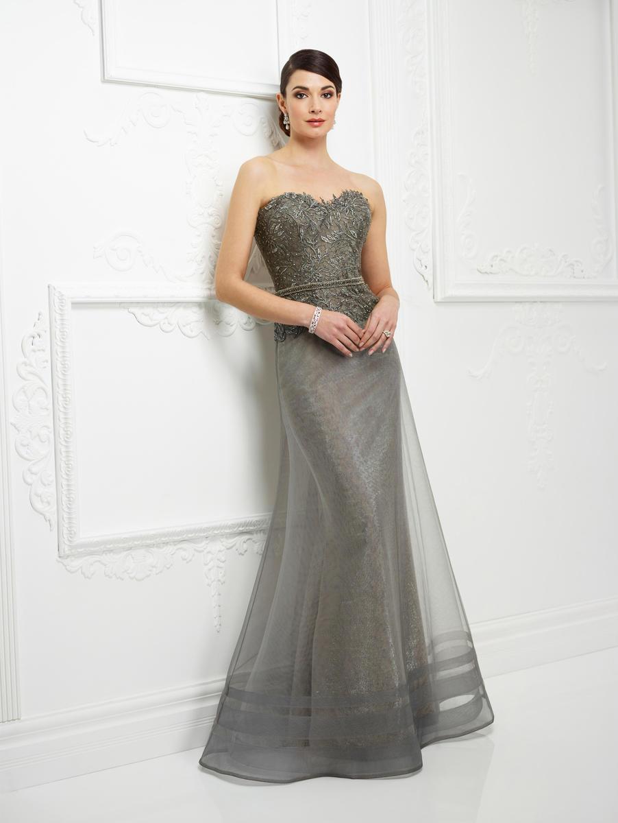 Mon Cheri Beaded Strapless Lace Long Gown 217D87 CCSALE 8 / Pewter