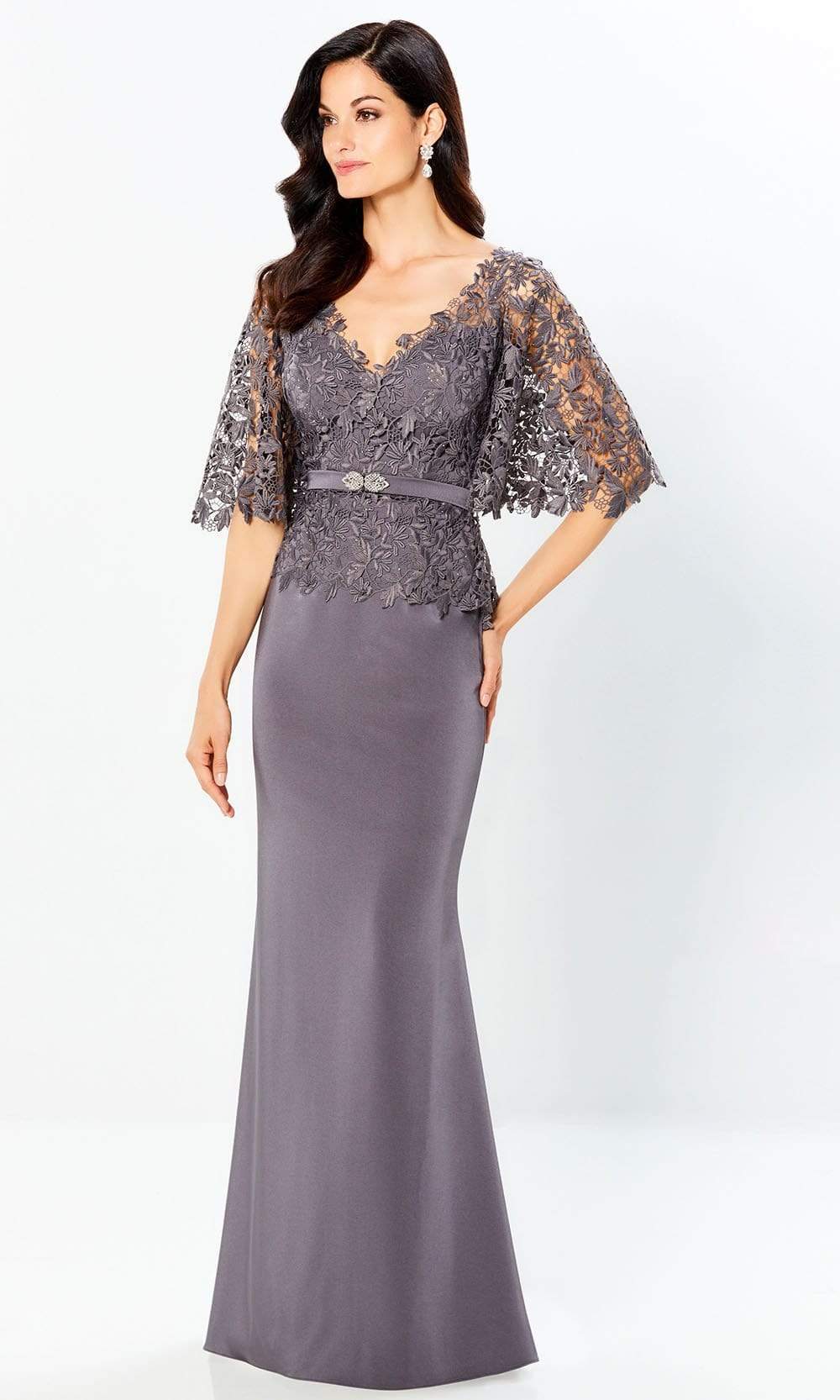 Mon Cheri - 220946SC Floral Embroidered Formal Gown In Gray