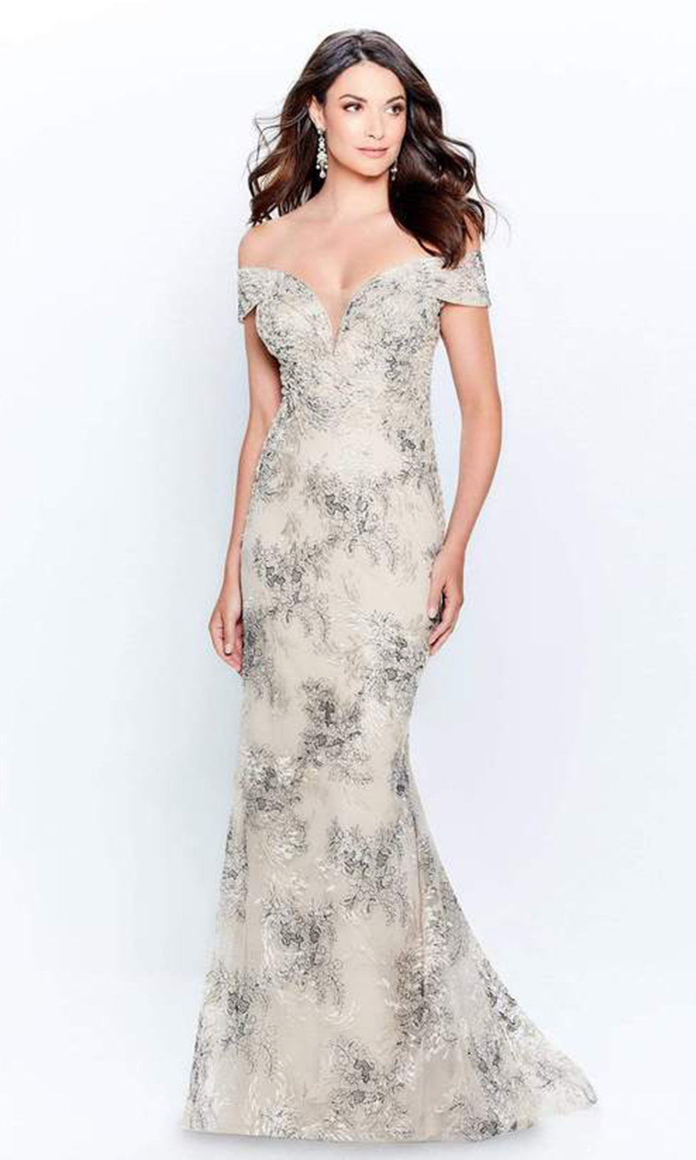Mon Cheri - Off-Shoulder Floral Column Dress 120923 - 1 pc Champagne/Multi In Size 10 Available CCSALE 10 / Champagne/Multi