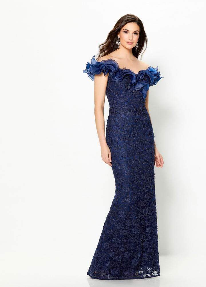 Mon Cheri - Ruffled Off-Shoulder Sheath Evening Gown 119931 - 1 pc Blue Willow In Size 8 Available CCSALE 8 / Blue Willow