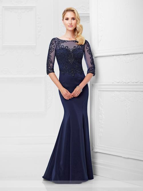 Montage by Mon Cheri - 117910 Quarter Sleeve Beaded Illusion Gown  in Blue