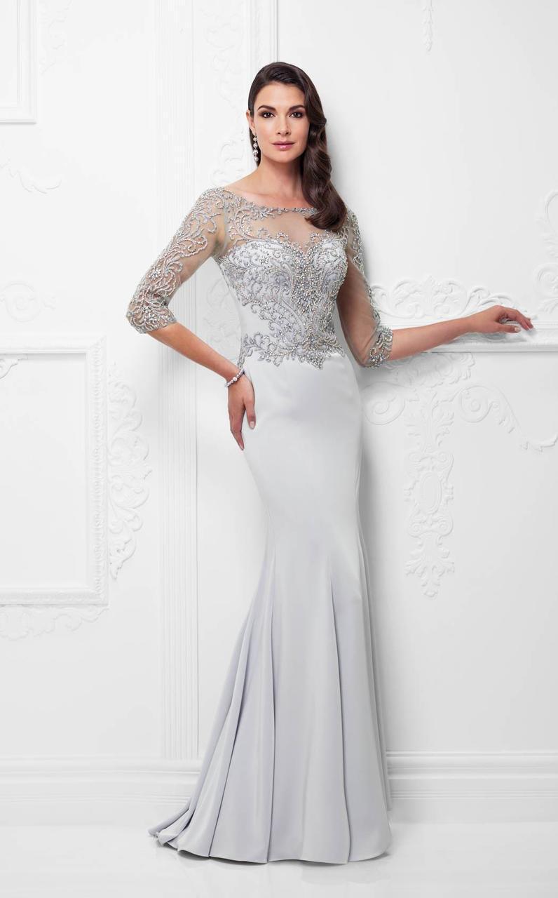 Montage by Mon Cheri - 117910 Quarter Sleeve Beaded Illusion Gown  in Gray