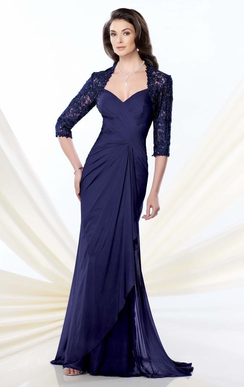 Montage by Mon Cheri - 214943 Criss Cross Ruched Lace Evening Gown in Blue