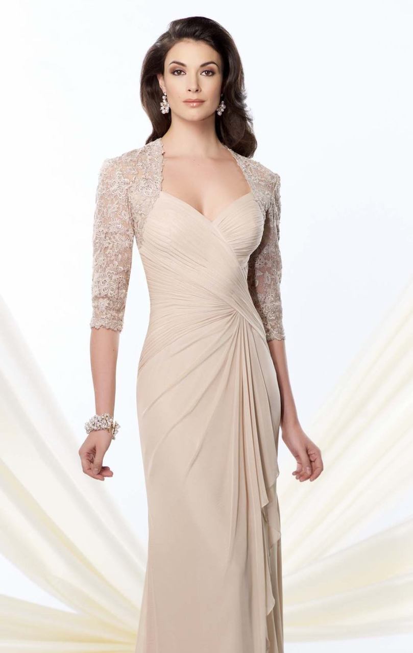 Montage by Mon Cheri - 214943 Criss Cross Ruched Lace Evening Gown in Neutral