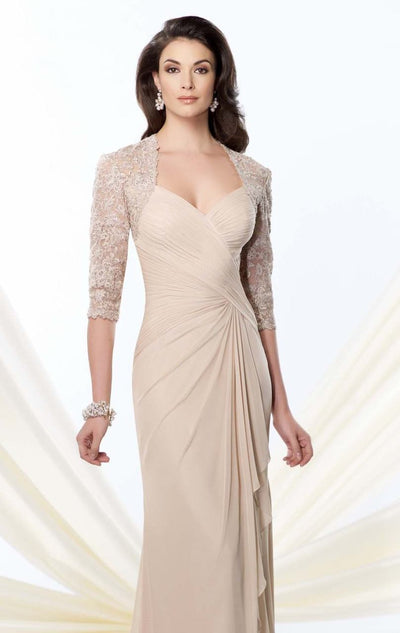 Montage by Mon Cheri - 214943 Criss Cross Ruched Lace Evening Gown in Neutral