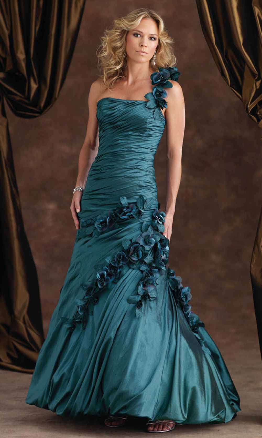 Montage by Mon Cheri - 110940SC Floral Appliqued Ruched Long Dress In Green