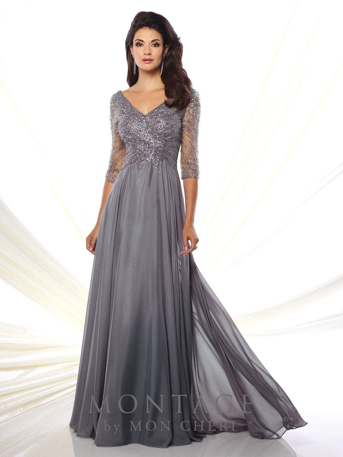 Montage by Mon Cheri - 116950W Chiffon A-line Dress- 1 pc Gray/Heather in Size 26W Available CCSALE 16W / Gray/Heather