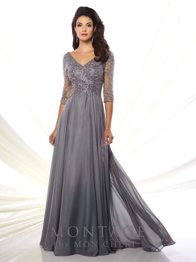 Montage by Mon Cheri - 116950W Chiffon A-line Dress- 1 pc Gray/Heather in Size 26W Available CCSALE 16W / Gray/Heather