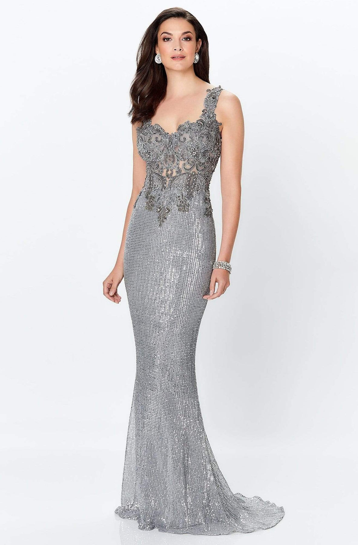Mon Cheri - Fitted Sweetheart Square Back Sheath Dress 119946SC In Gray